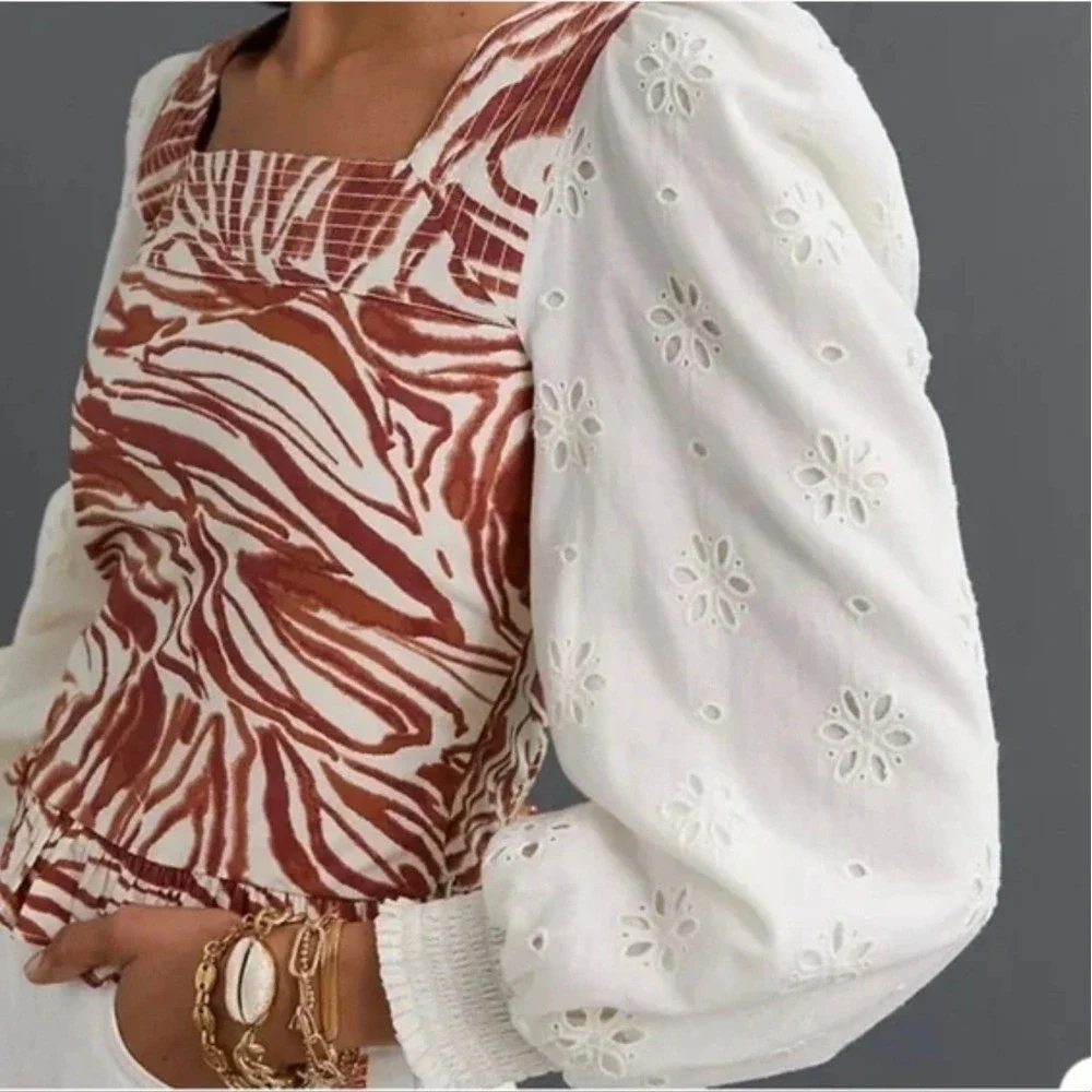 Anthropologie NEW Love the Label Chaka Smocked Eyelet Puff Sleeve Top SZ Medium